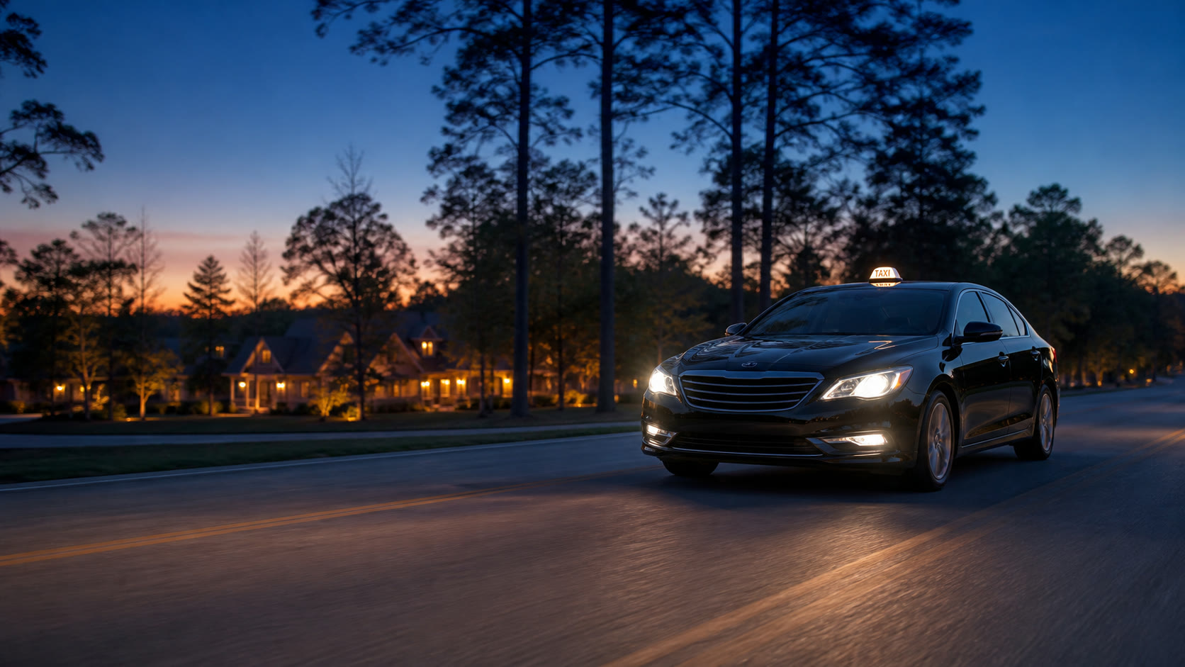 Black taxi driving on a tree-lined Centerton road at dusk